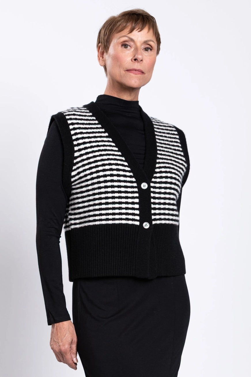 Nemo Vest, Black and White Stripe, Wool Cashmere by Blue Sky