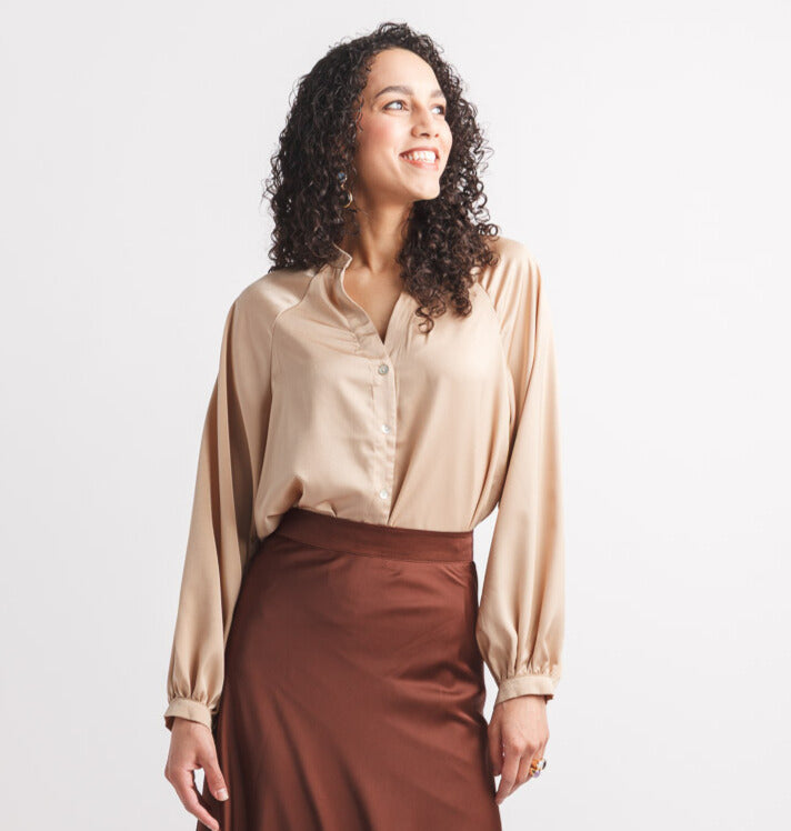 Satin Balloon Sleeve Button Up Blouse byPapillon