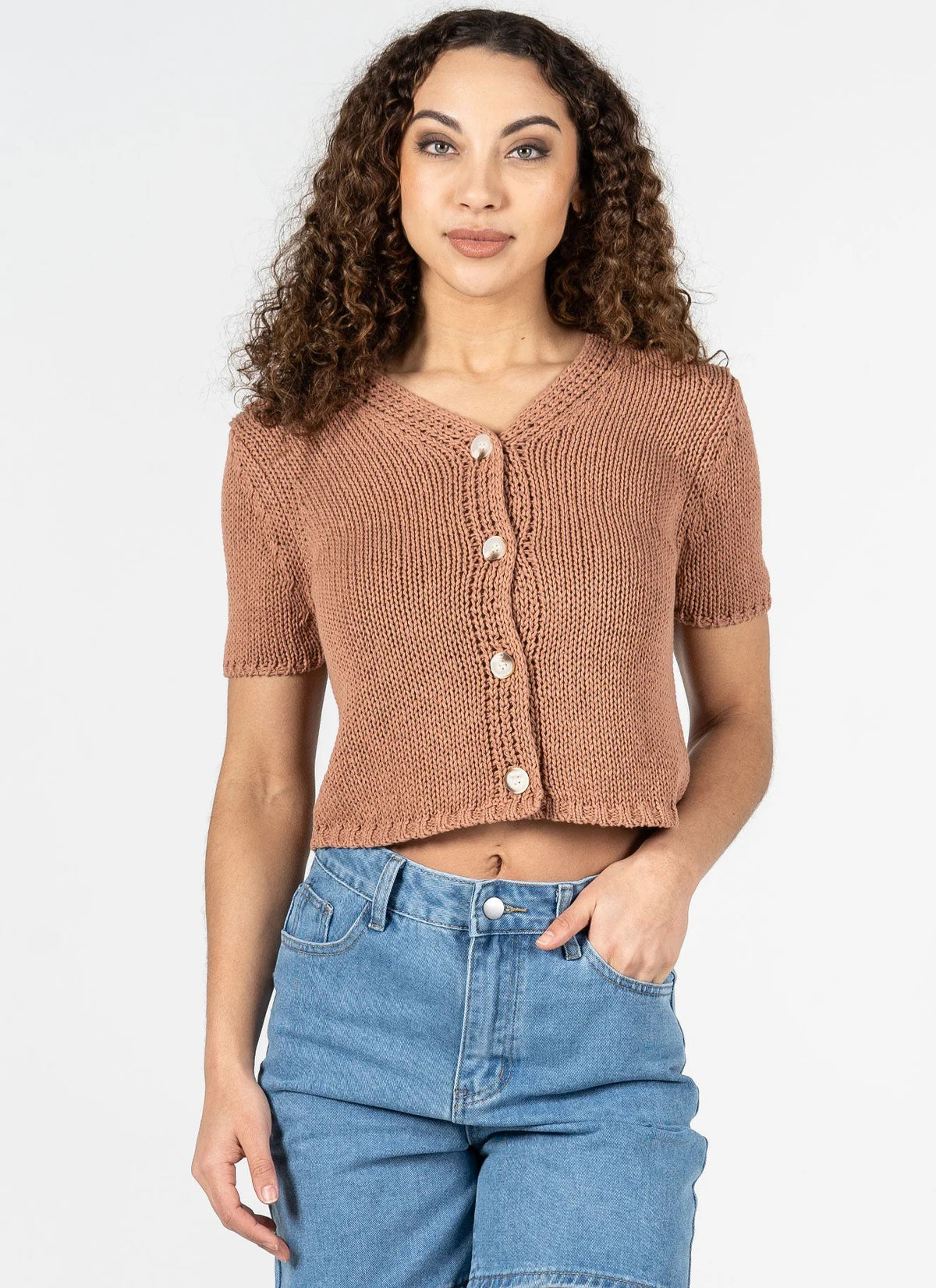 Knit Button Crop Cotton Cardigan by C'est Moi