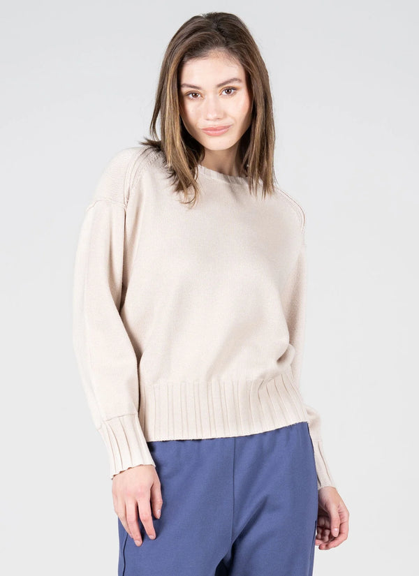 Viscose Blend Knit Rib Detail Crew Neck Sweater by Ces Moi