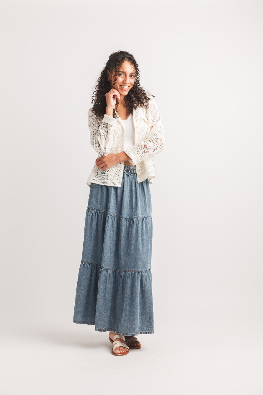 Tiered Denim Maxi Skirt by Papillon