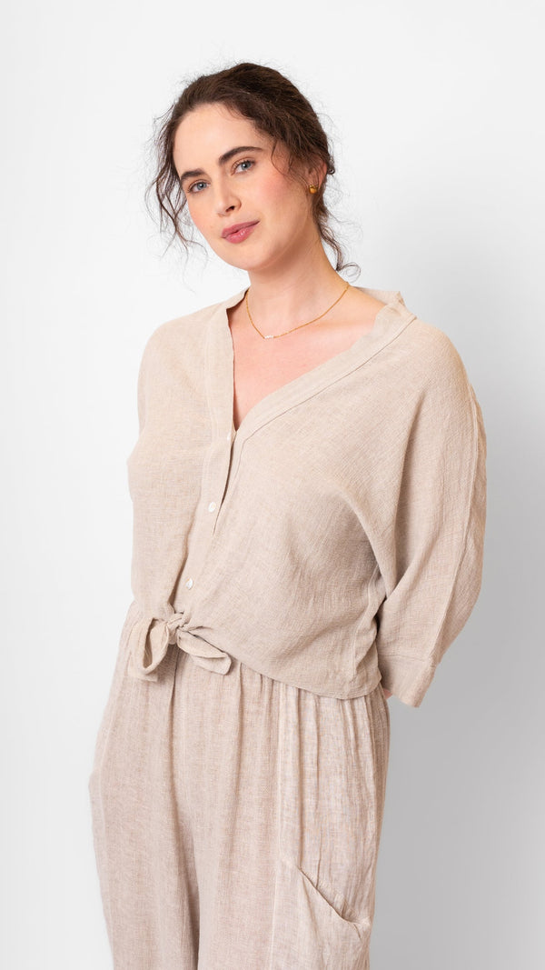 Button Tie Linen Cotton Top by Me & Gee