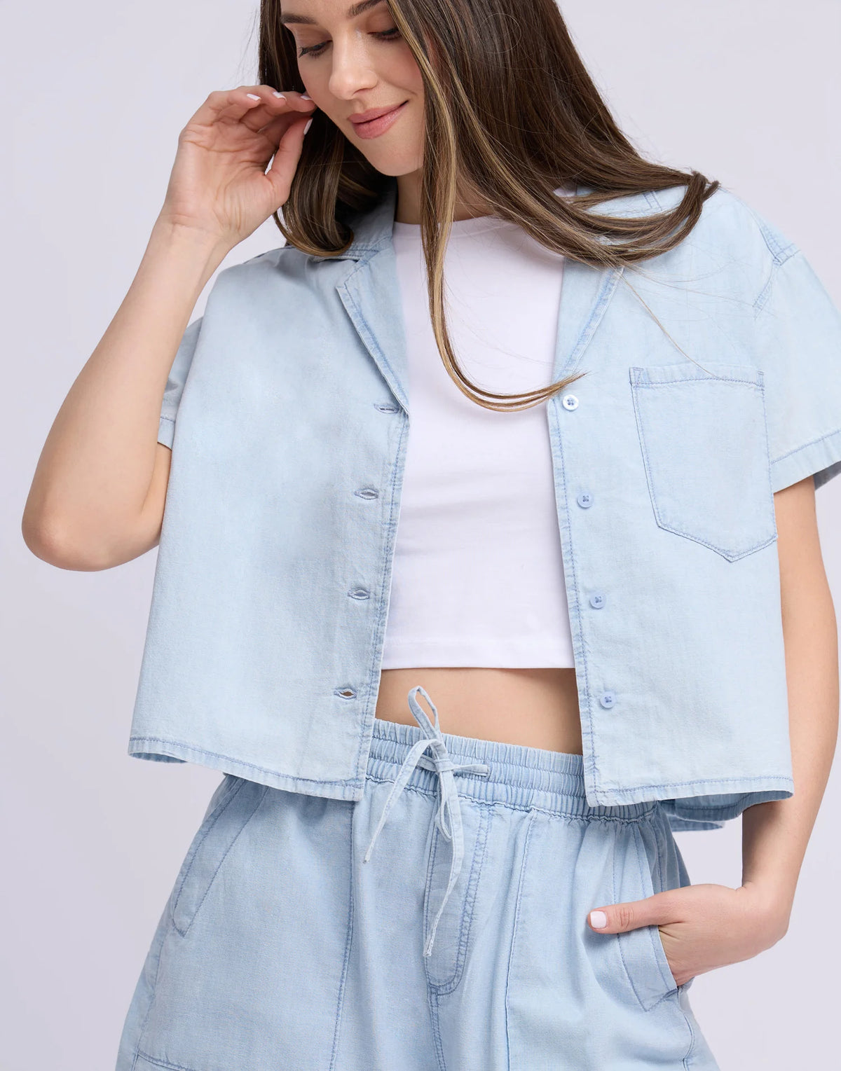 Celine Chambray Cotton Cropped Shirt by Yoga Jeans