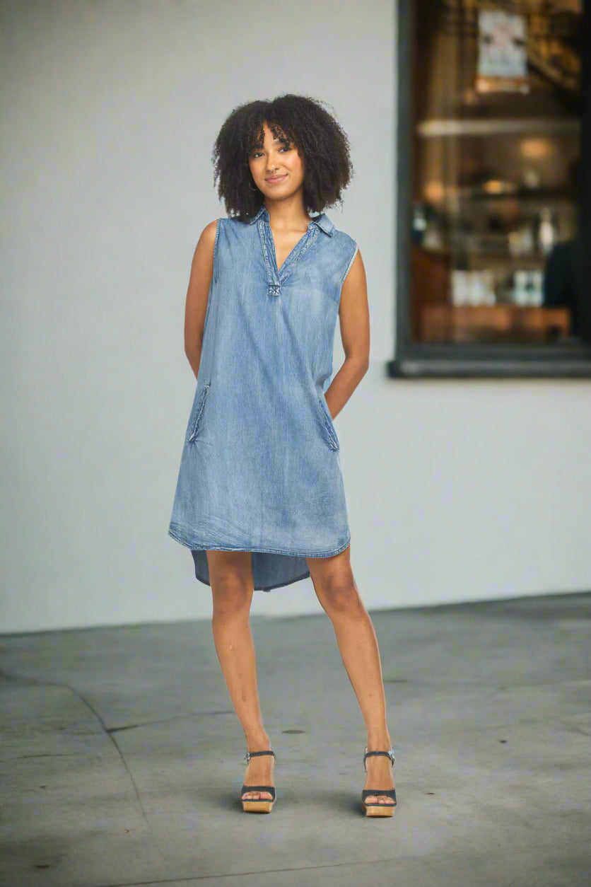Denim Collared Shirt Hem Dress by Papillon