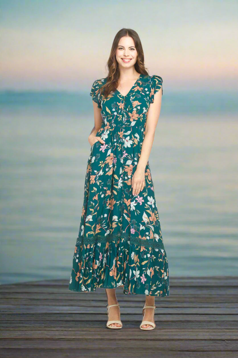 Floral Button Front Maxi Dress by Papillon