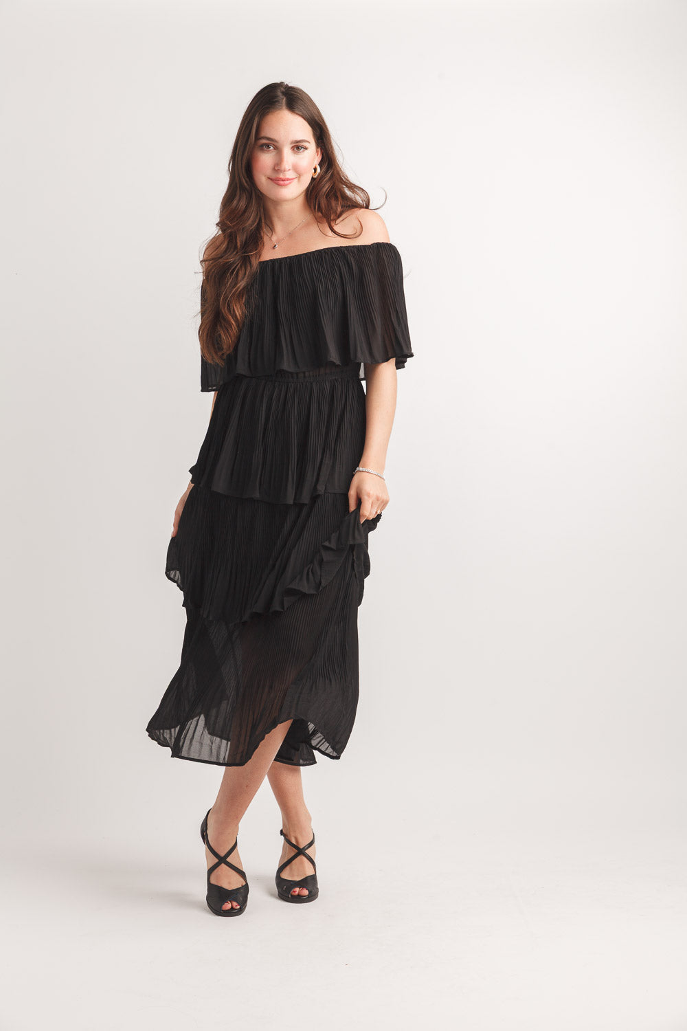 Pleated Off The Shoulder Layered Dress by Papillon
