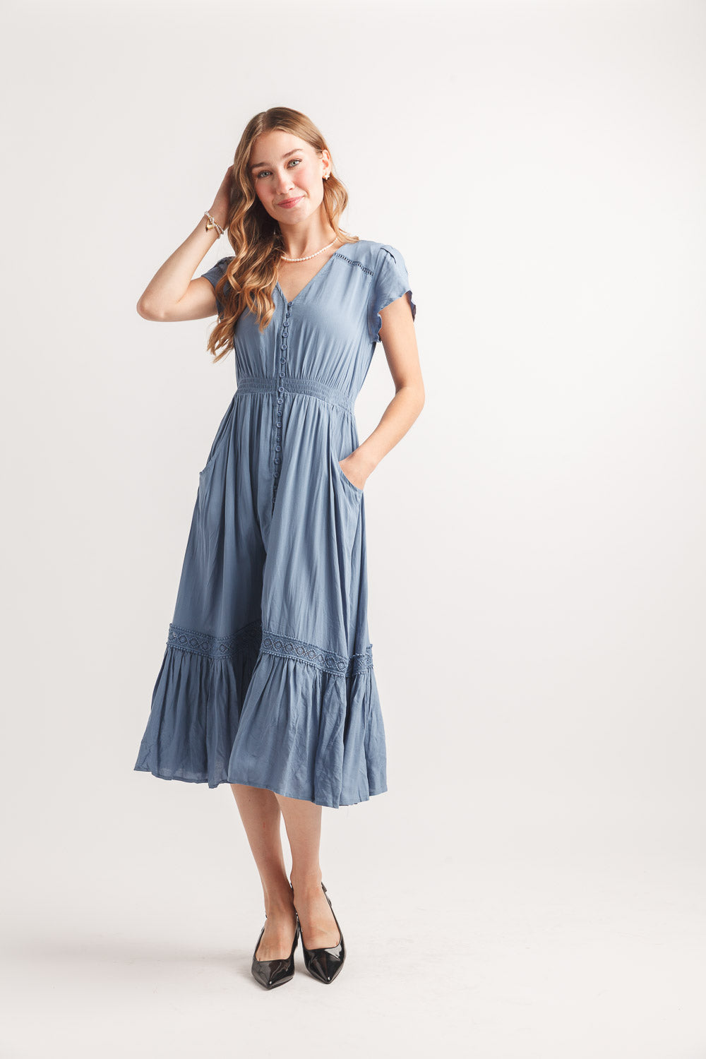 Short Sleeve Button Front Dress by Papillon