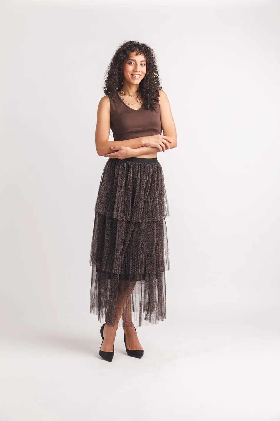 Leopard Print Pleated Tiered Skirt by Papillon
