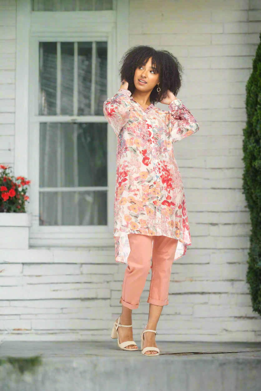 Floral Button Front Tunic with Tab Sleeves by Papillon