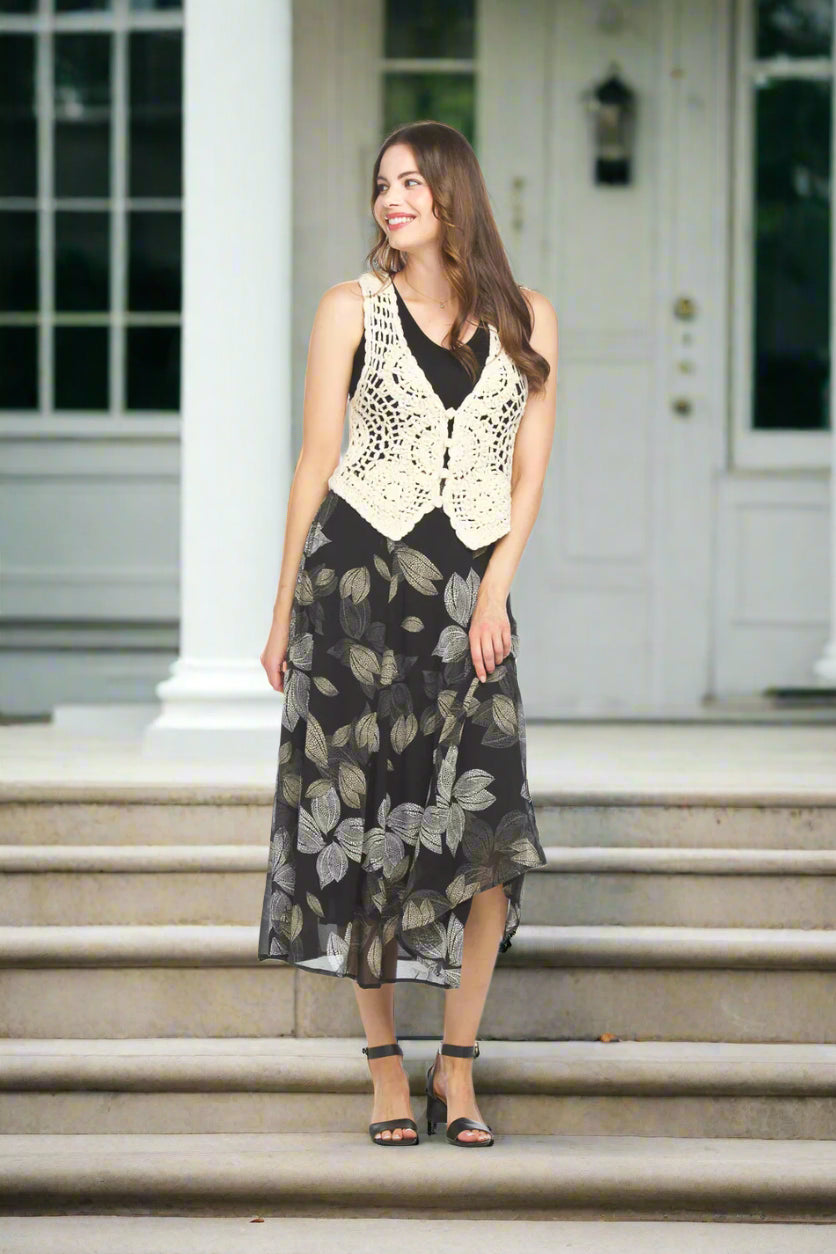 Floral Georgertte Midi Skirt with Elastic Back by Papillon