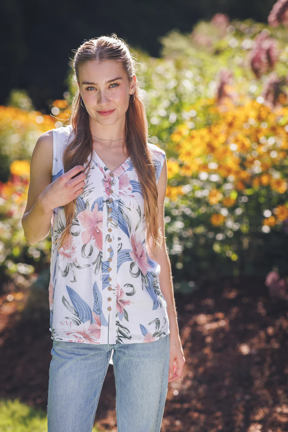 Tropical Printed Crinkle Sleeveless Blouse by Papillon