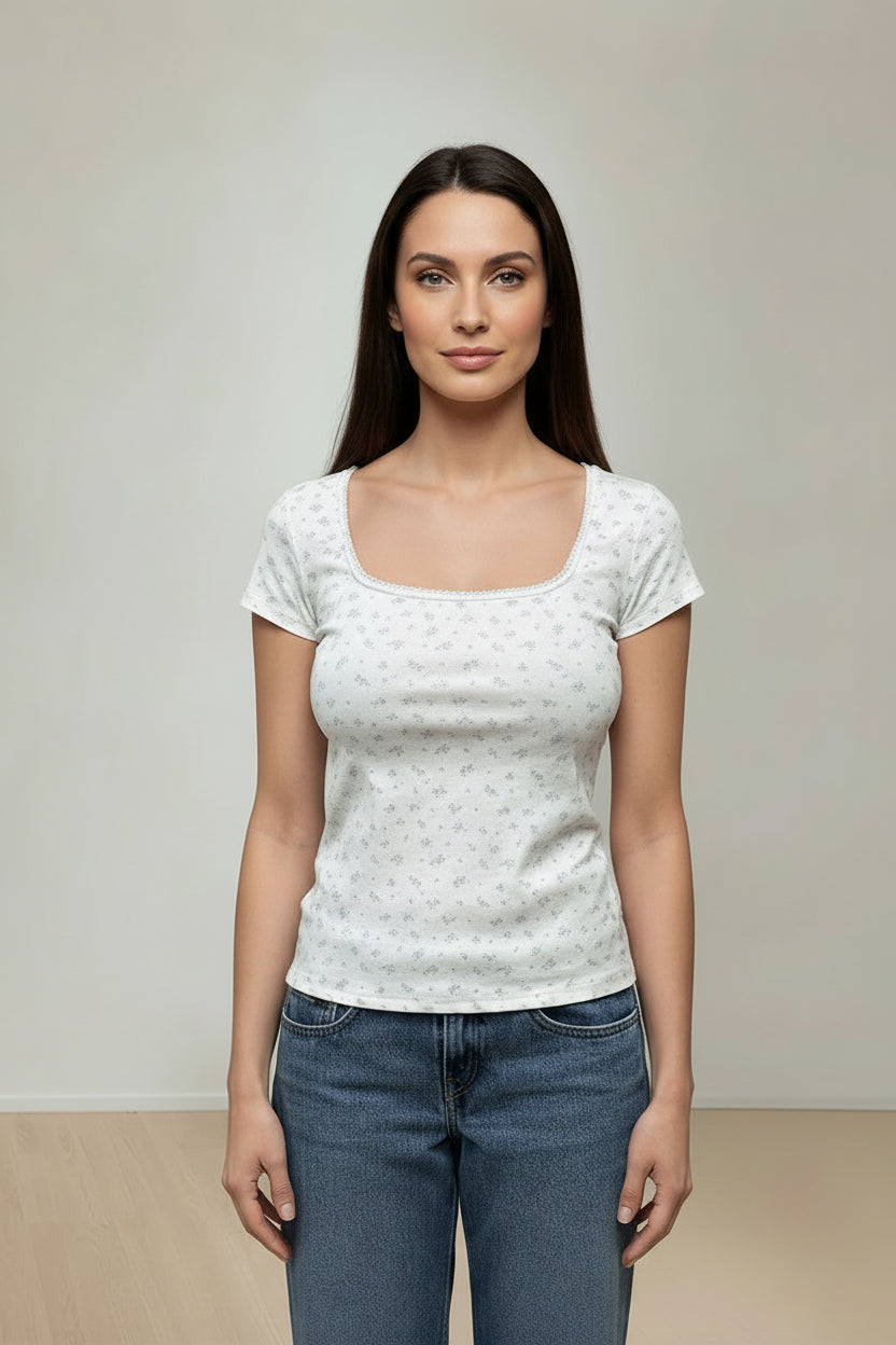 Pippa Floral Cotton Square Neck Tee by Priv