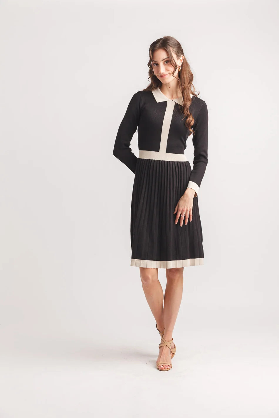 Collared Knit Dress with Pleated Skirt by Papillon