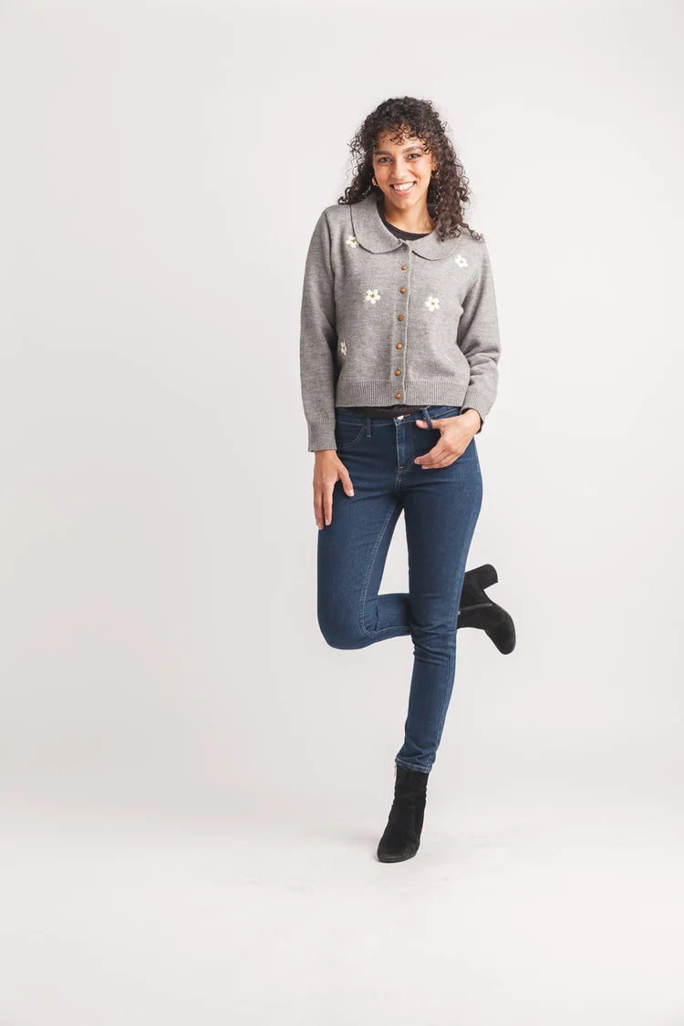 Floral Embroidered Collared Button Cardigan by Papillon