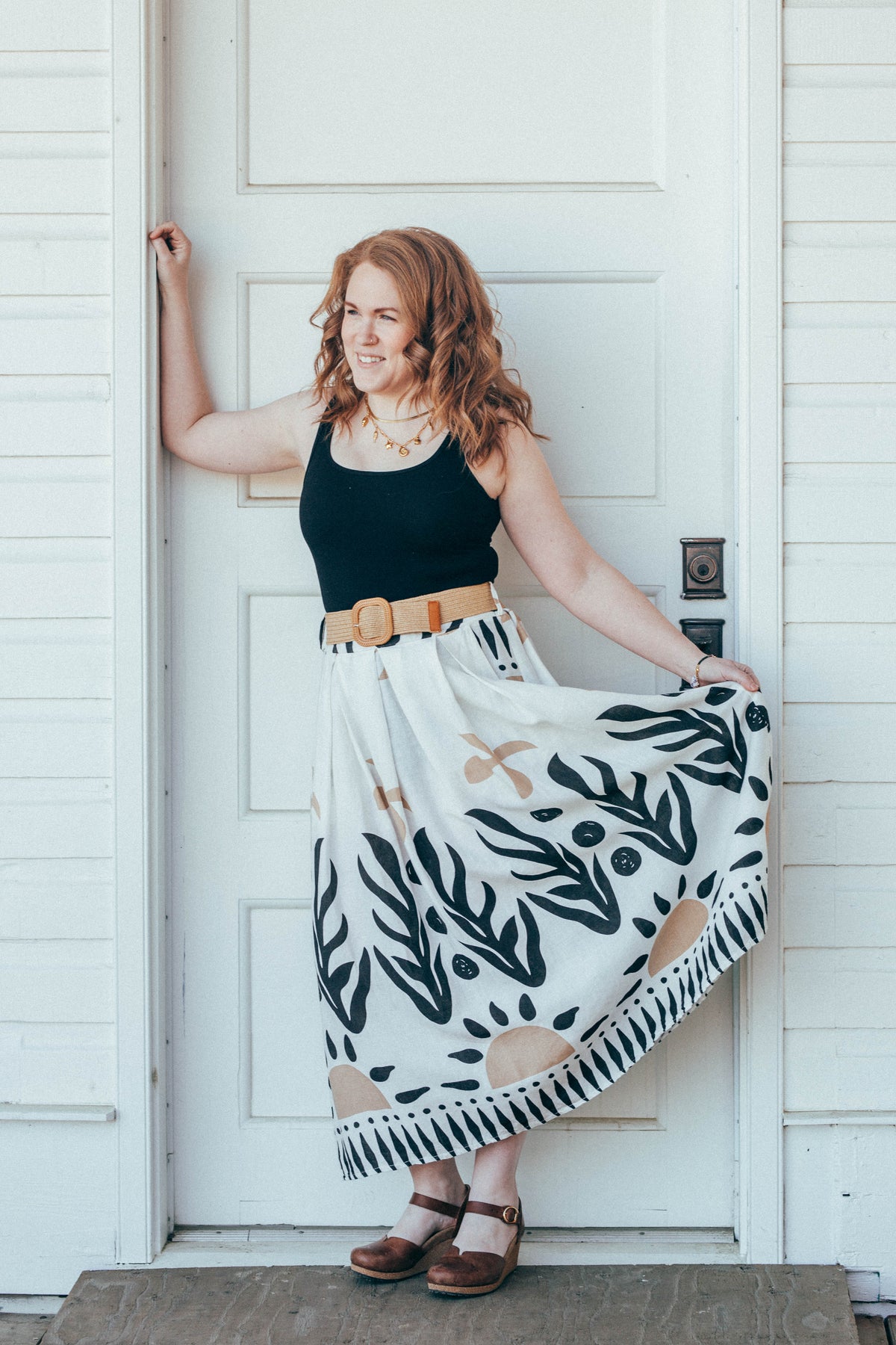 Black Sun Print Skirt with Belt by Me & Gee