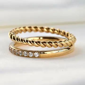 Blueye Jewelry 18k Gold Double Ring - Stacked Diamond and Twisted Ring