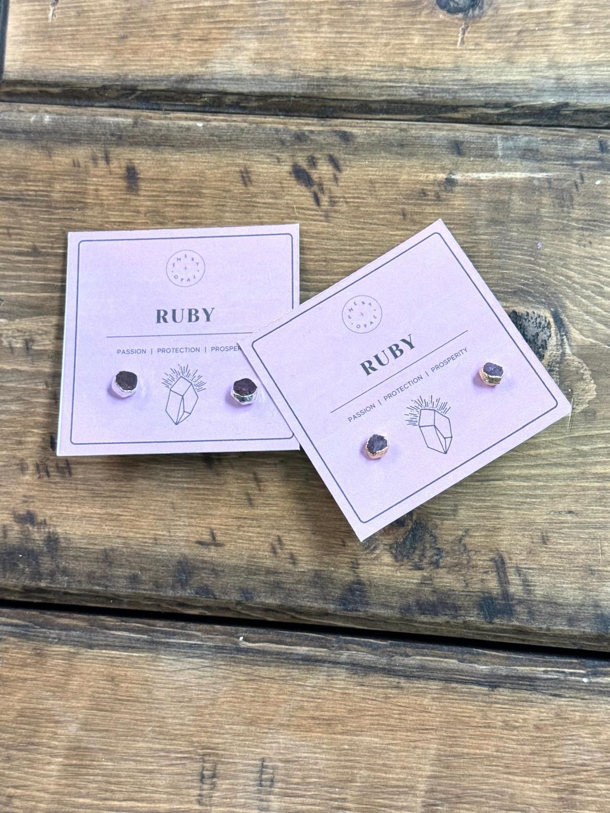 Emery and Opal - Ruby raw gemstone stud earrings